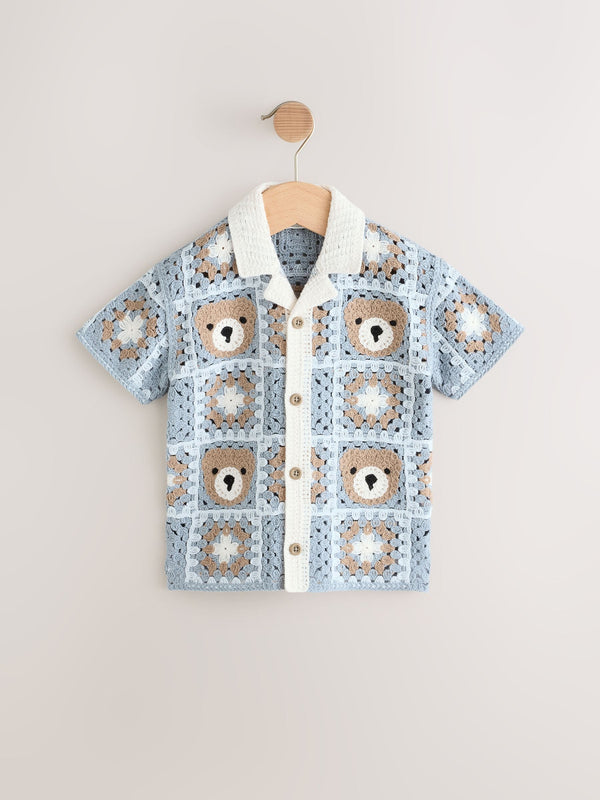 Blue Bear Crochet Revere Collar Short Sleeve Knitted Polo Shirt (3mths-7yrs)