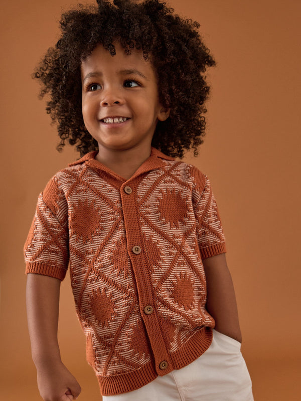 Rust Brown Textured Revere Collar Short Sleeve Knitted 100% Cotton Polo Shirt (3mths-7yrs)