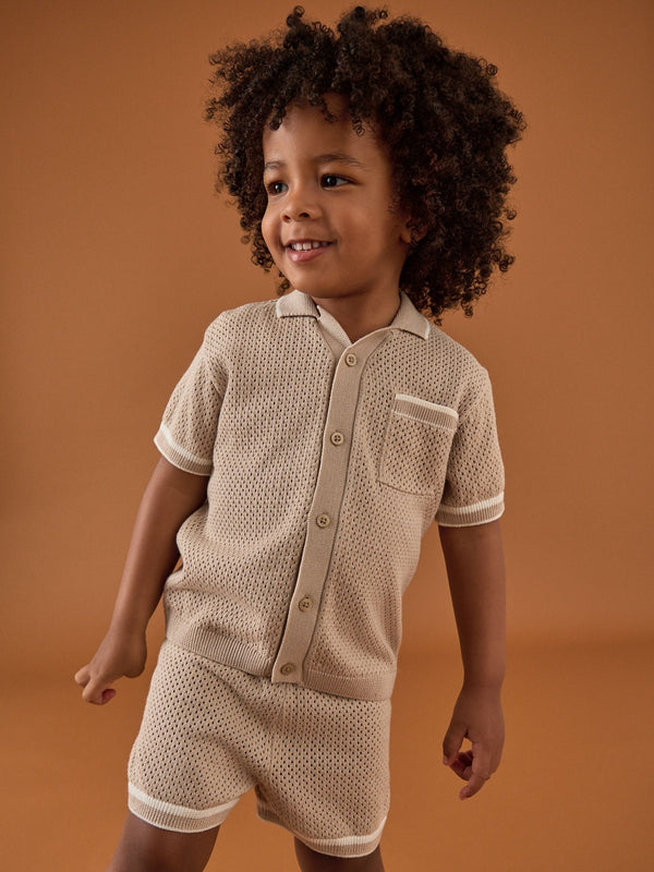 Taupe Textured Revere Collar Knitted Polo Shirt and Shorts Set (3mths-10yrs)
