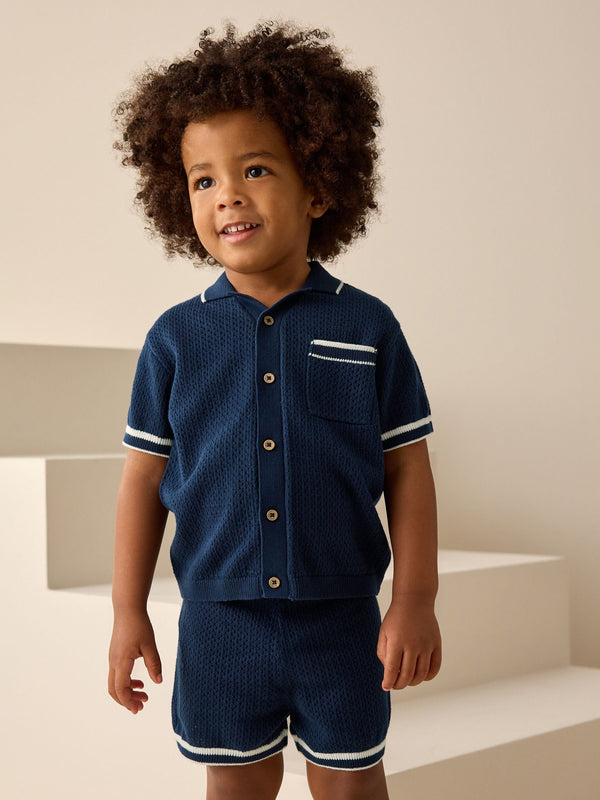 Navy Blue Textured Revere Collar Knitted Polo Shirt and Shorts Set (3mths-10yrs)