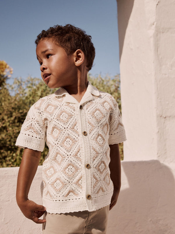 Ecru White Crochet Revere Collar Short Sleeve Knitted Polo Shirt (12mths-7yrs)