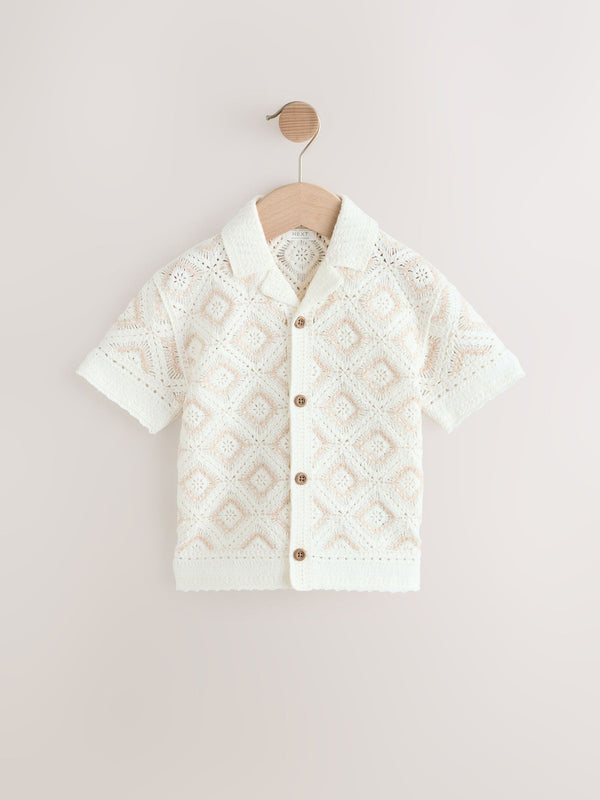 Ecru White Crochet Revere Collar Short Sleeve Knitted Polo Shirt (3mths-7yrs)