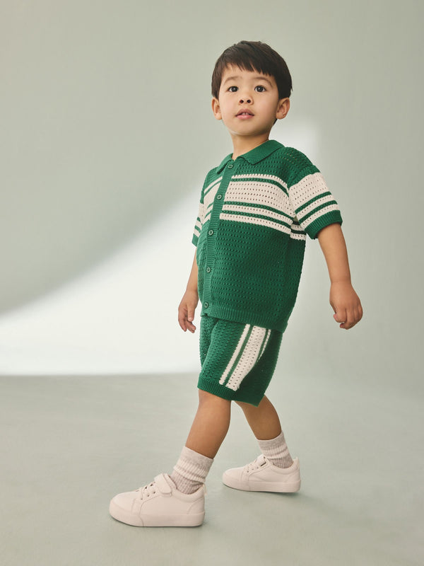Green/White Textured Revere Collar Knitted Polo Shirt and Shorts Set (3mths-10yrs)