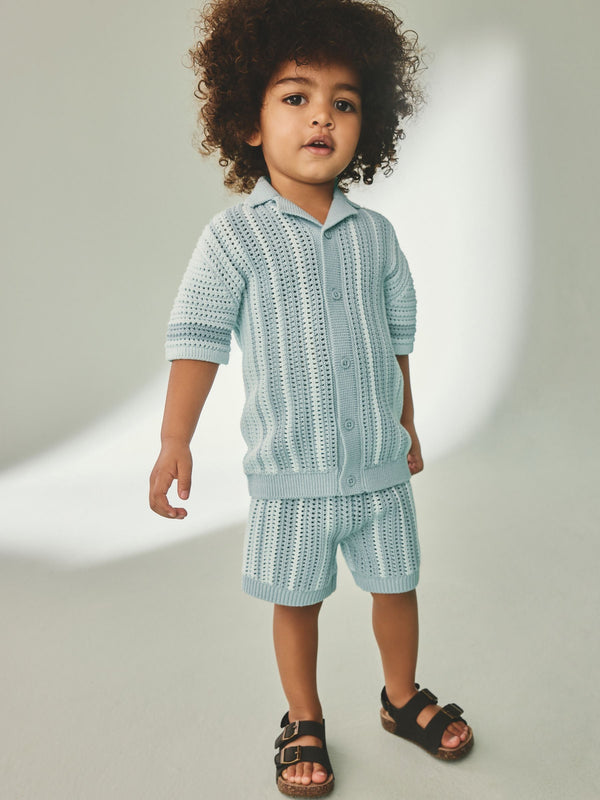 Blue Crochet Knitted Short Sleeve Shirt and Shorts Set (3mths-10yrs)