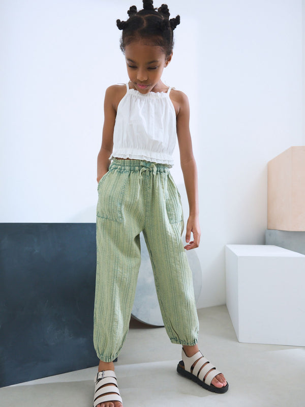 Khaki Green 100% Cotton Pull on Barrel Trousers (3-16yrs)