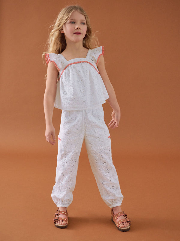 White Broderie 100% Cotton Top and Trousers Set (3-16yrs)