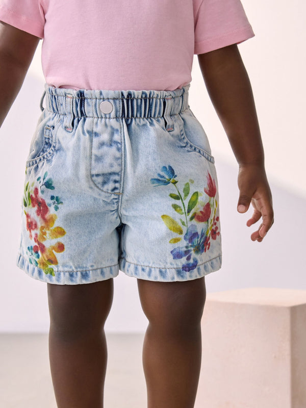 Denim Flower Printed 100% Cotton Shorts (3mths-7yrs)