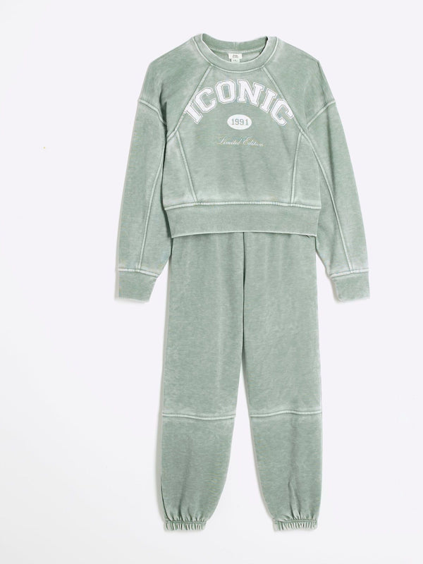 River Island Green Drenched Iconic 100% Cotton Sweatshirt and Joggers Set