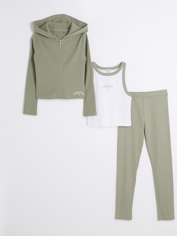 River Island Green Rib 100% Cotton Top and Leggings Set