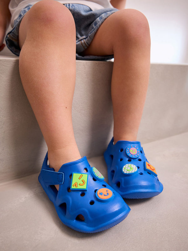 Blue Happy Face Moulded Closed Toe Touch Fastening Clogs