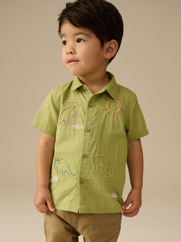 Khaki Dino Embroidered Short Sleeves Embroidered Shirt (3mths-7yrs)