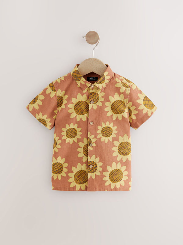 Rust Brown Short Sleeves All Over Sunflower Print Shirt (3mths-7yrs)