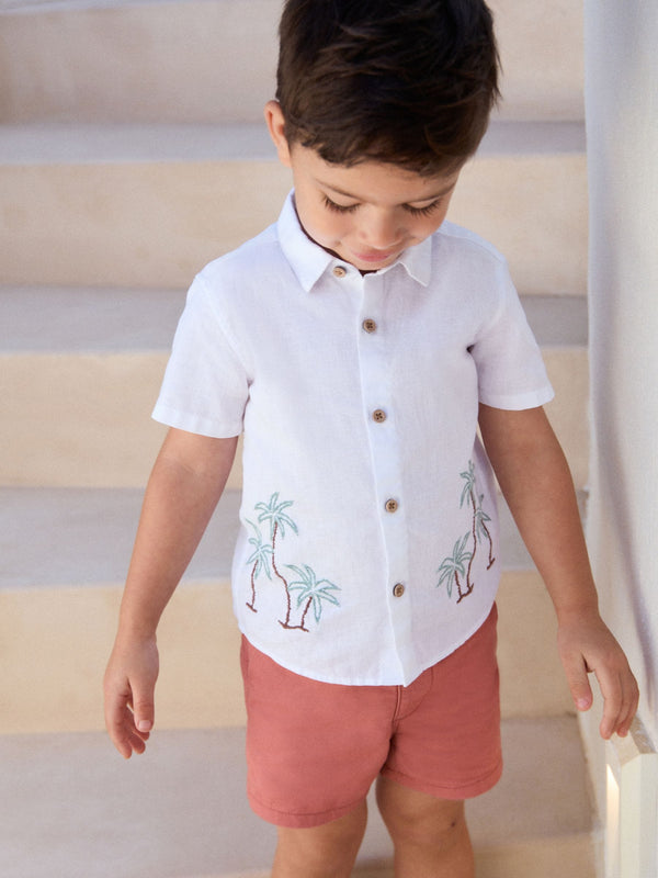 White Palm Tree Short Sleeve Embroidered 100% Cotton Shirt (3mths-7yrs)