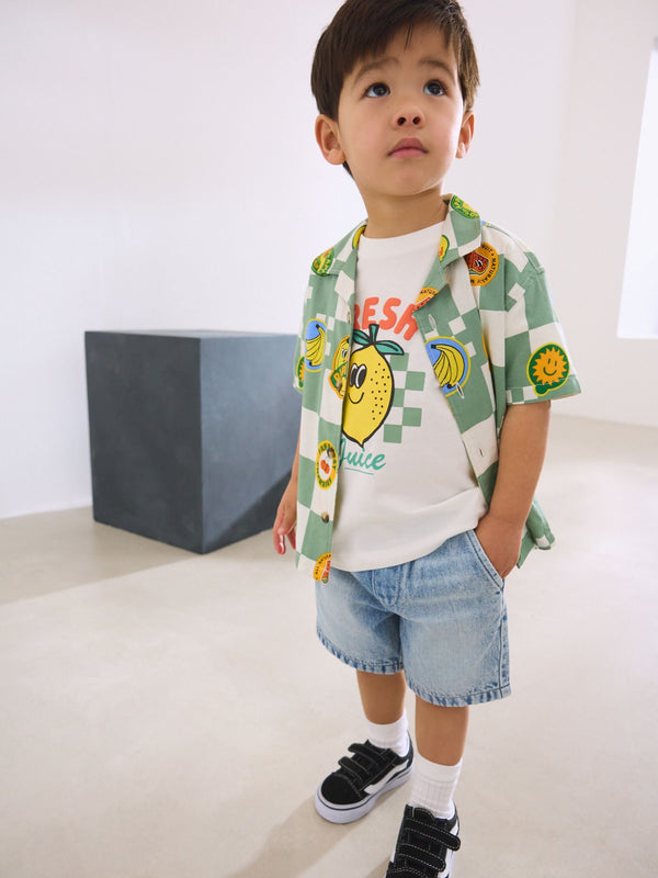 Green Checkerboard 2PC set Short Sleeves Revere Collar Checkerboard Shirt & T-Shirts Set (3mths-7yrs)
