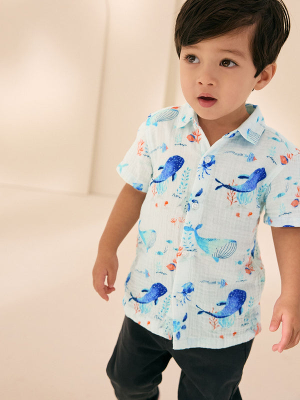 Blue Whale Print Short Sleeves All Over Print Textured Shirt (3mths-7yrs)