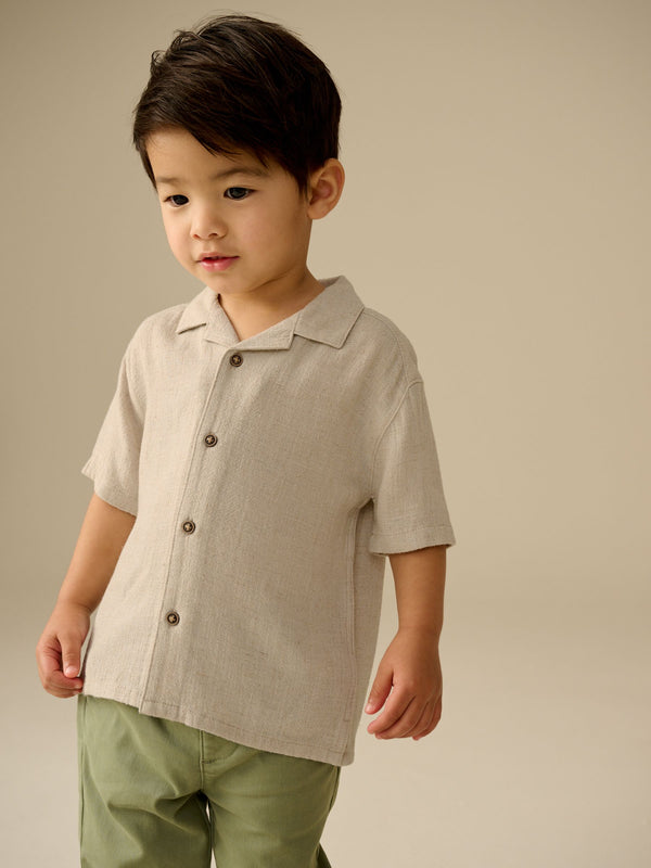 Neutral Plain Short Sleeves Linen Blend Revere Collar Shirt (3mths-7yrs)