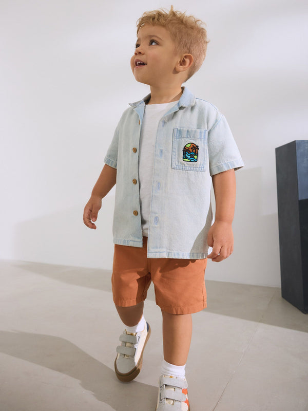 Blue Denim Print Short Sleeves Revere Collar Denim Backprint Shirt (3mths-7yrs)