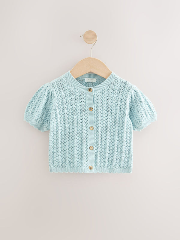 Blue 100% Cotton Pointelle Knitted Cardigan (3mths-7yrs)