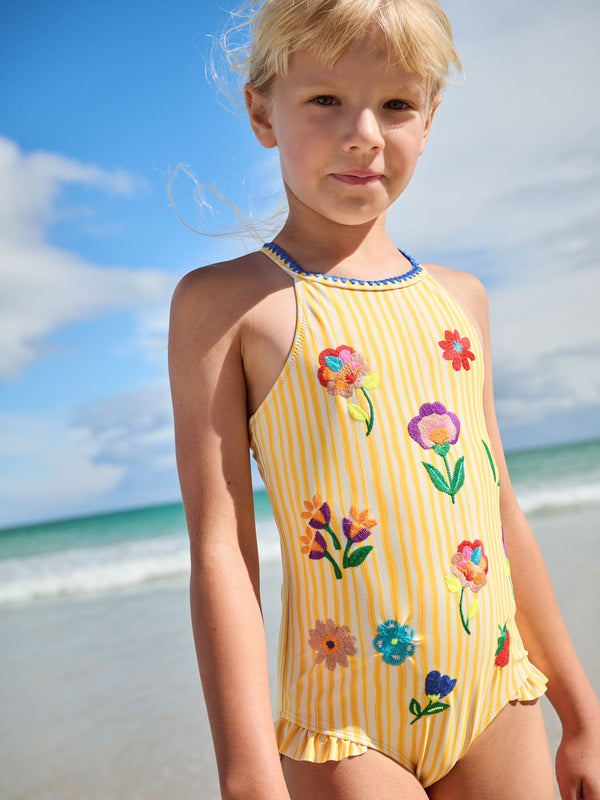 Yellow Stripe Embroidered Swimsuit (3-16yrs)