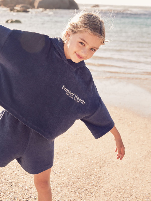 Navy Blue Slogan Towelling Beach Co-Ord Hoodie And Shorts Set (3-16yrs)