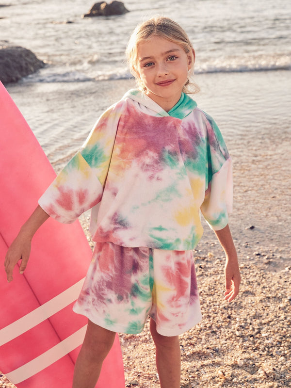 Rainbow Tie-Dye Towelling Beach Co-Ord Hoodie And Shorts Set (3-16yrs)