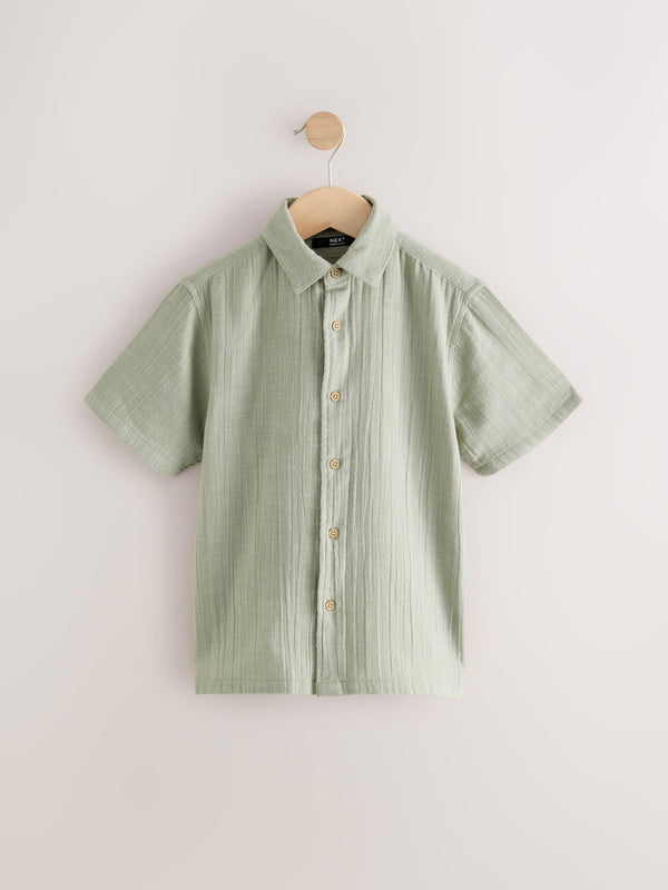 Khaki Green Double Cloth 100% Cotton Short Sleeves Textured Shirt (3-16yrs)