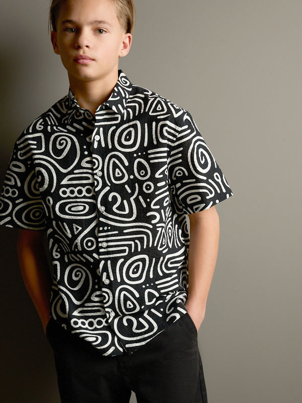 Black/White Swirl AOP Short Sleeve Printed Shirt (3-16yrs)