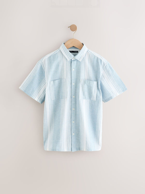 Pale Blue Short Sleeve Linen Blend Stripe Shirt (3-16yrs)