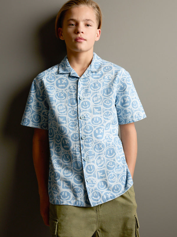 Blue Face AOP Short Sleeves 100% Cotton Revere Collar All Over Print Shirt (3-16yrs)