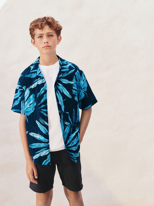 Navy Blue Short Sleeves Revere Collar Palm Printed Shirt (3-16yrs)