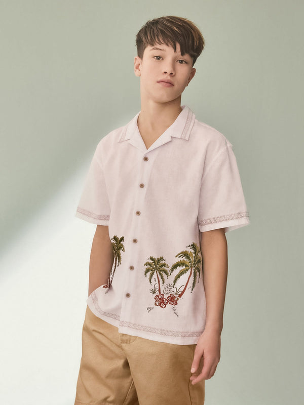 White Palm Tree Short Sleeves Revere Collar Shirt (3-16yrs)