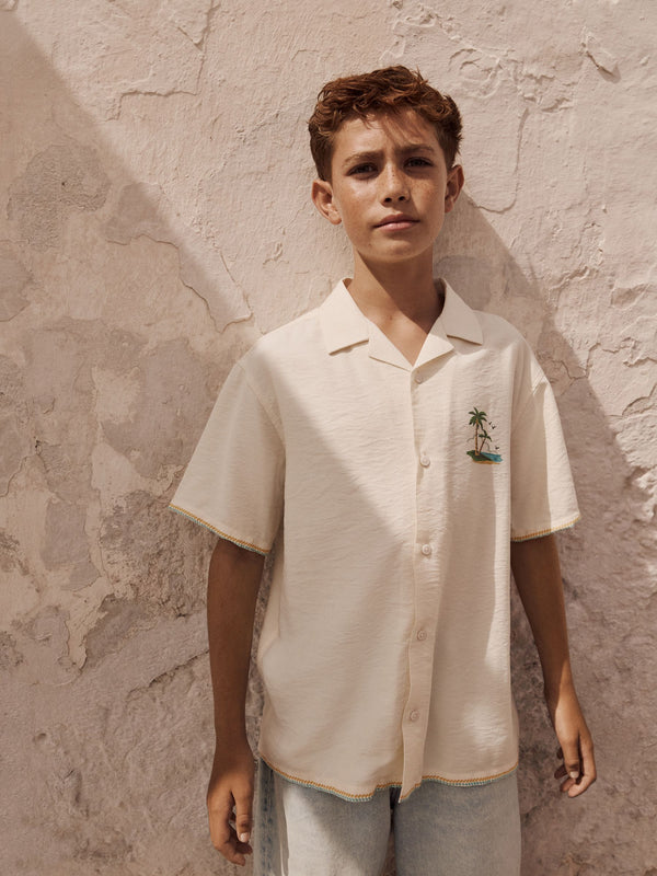 Ecru Palm Back Print Short Sleeves Revere Collar Shirt (3-16yrs)