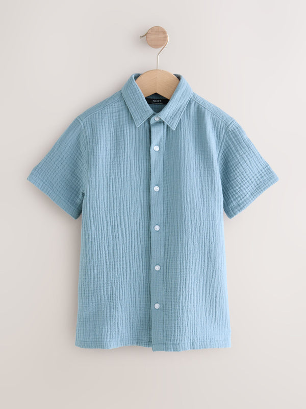 Blue Double Cloth 100% Cotton Short Sleeves Textured Shirt (3-16yrs)