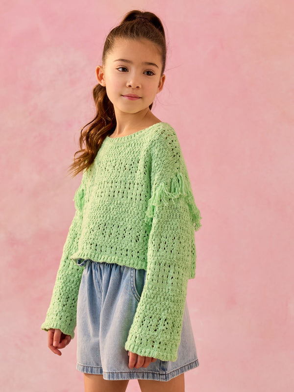 Lime Green Tassle Knitted 100% Cotton Jumper (3-16yrs)