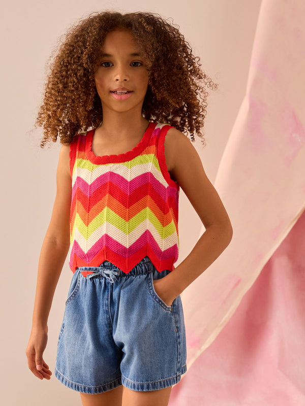 Orange/White Zigzag Knitted 100% Cotton Vest (3-16yrs)