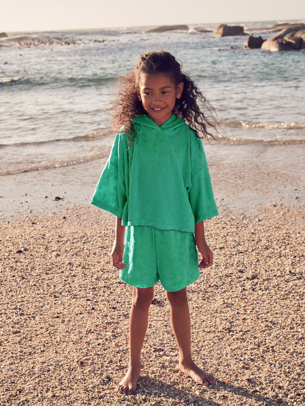 Green Flower Towelling Beach Co-Ord Hoodie And Shorts Set (3-16yrs)