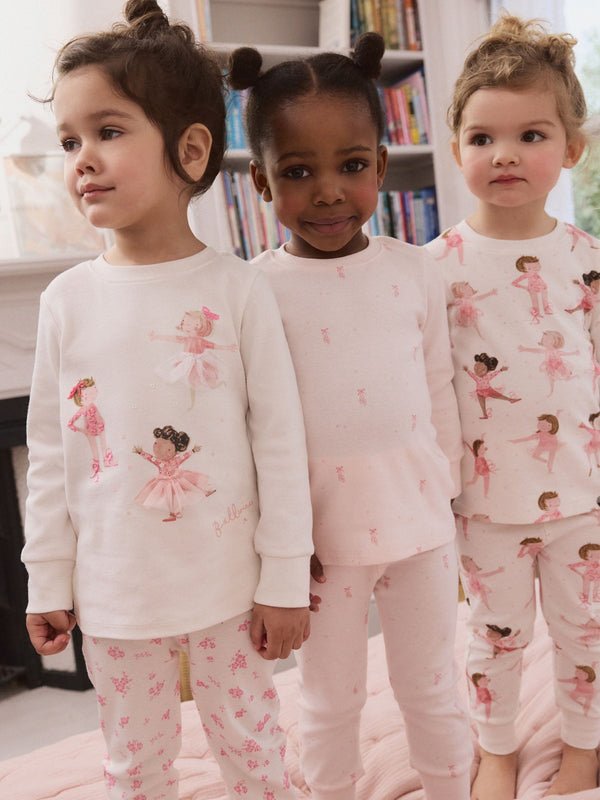 Pink/Cream Ballerina Long Sleeve Snuggle Pyjamas 3 Pack (9mths-12yrs)