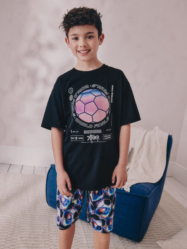 Black Football Single 100% Cotton Short Pyjamas (4-16yrs)