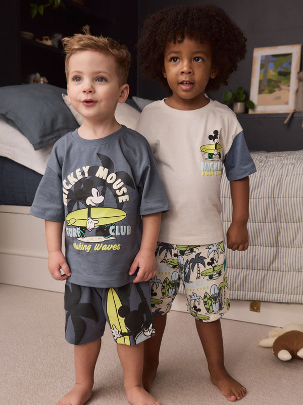 Green/Ecru Mickey Mouse Surf Club 100% Cotton Short Pyjamas 2 Pack (9mths-9yrs)