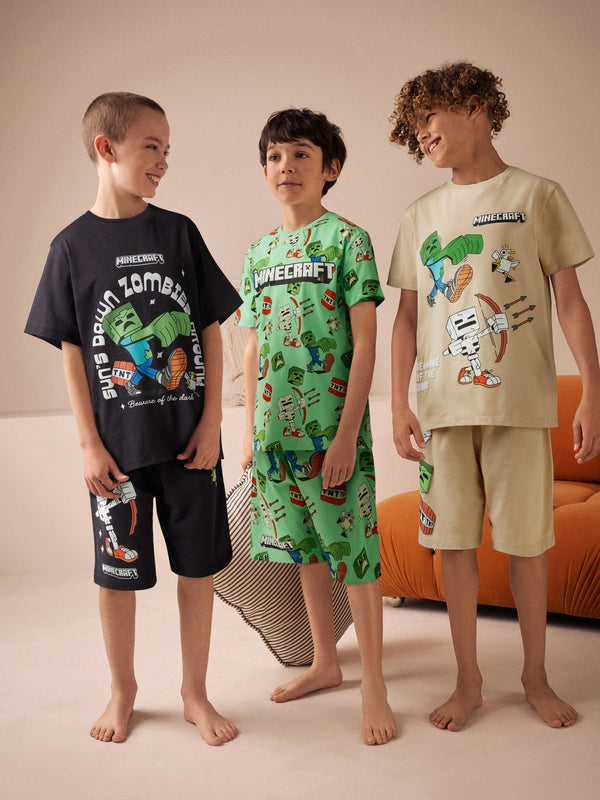 Black/Green/Stone Minecraft 100% Cotton Short Pyjamas 3 Pack (3-16yrs)