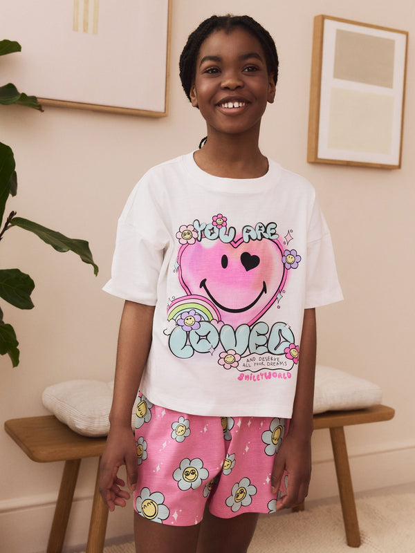 Pink/White 100% Cotton Smiley World Licence Short Pyjamas (3-16yrs)
