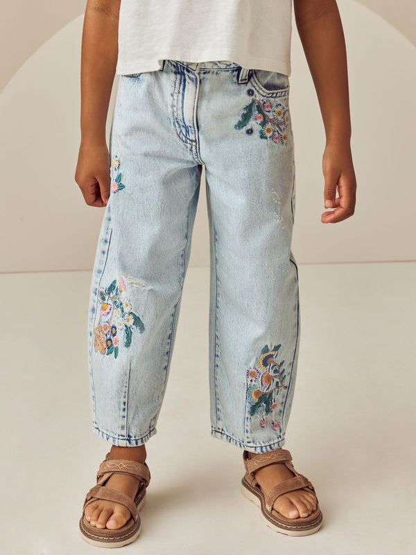 Light Blue Denim 100% Cotton Flower Embroidered Barrel Jeans (3-16yrs)