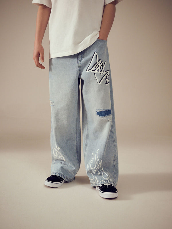 Bleach Distressed Super-wide Fit 100% Cotton Graffiti Denim Jeans (3-16yrs)