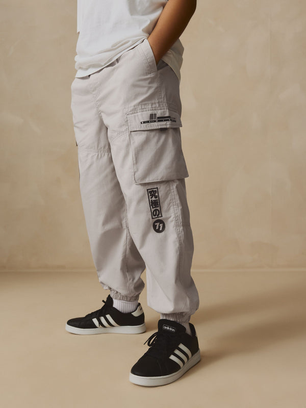 Grey Graffiti 100% Cotton Wide Tapered Cargo Trousers (3-16yrs)