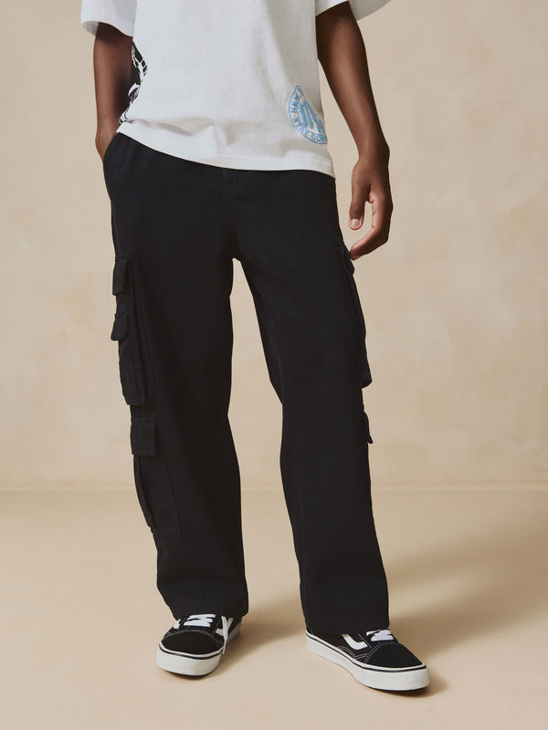 Black Twill Woven Cotton Cargo Trousers (3-16yrs)