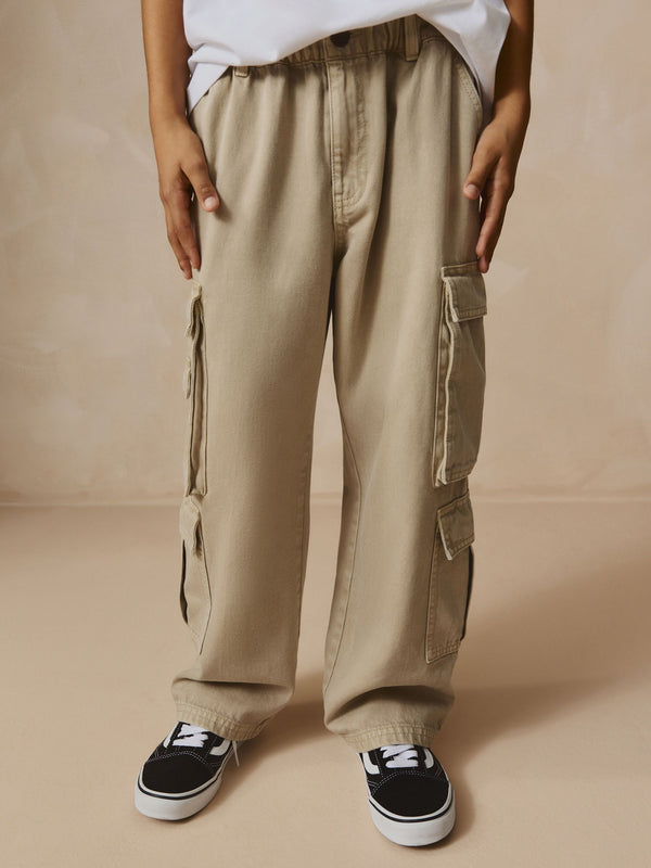 Neutral Twill Woven Cotton Cargo Trousers (3-16yrs)