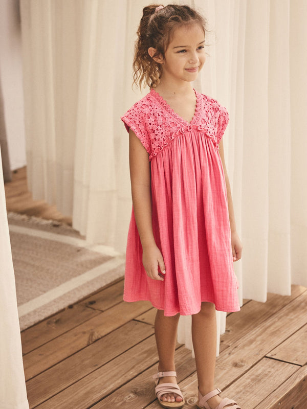 Pink Crochet Trim Summer Dress (3-16yrs)