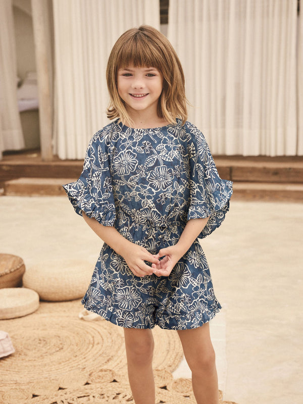 Blue Woodblock Printed Frill 100% Cotton Playsuit (3-16yrs)