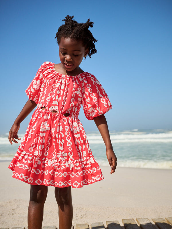 Red Printed 100% Cotton Cut-Out Dress (3-16yrs)