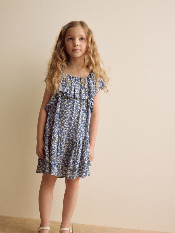 Blue Ditsy Frill Summer Dress (3-16yrs)
